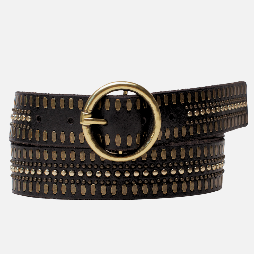 35056 Soraya | Studded Leather Belt with Gold Round Buckle